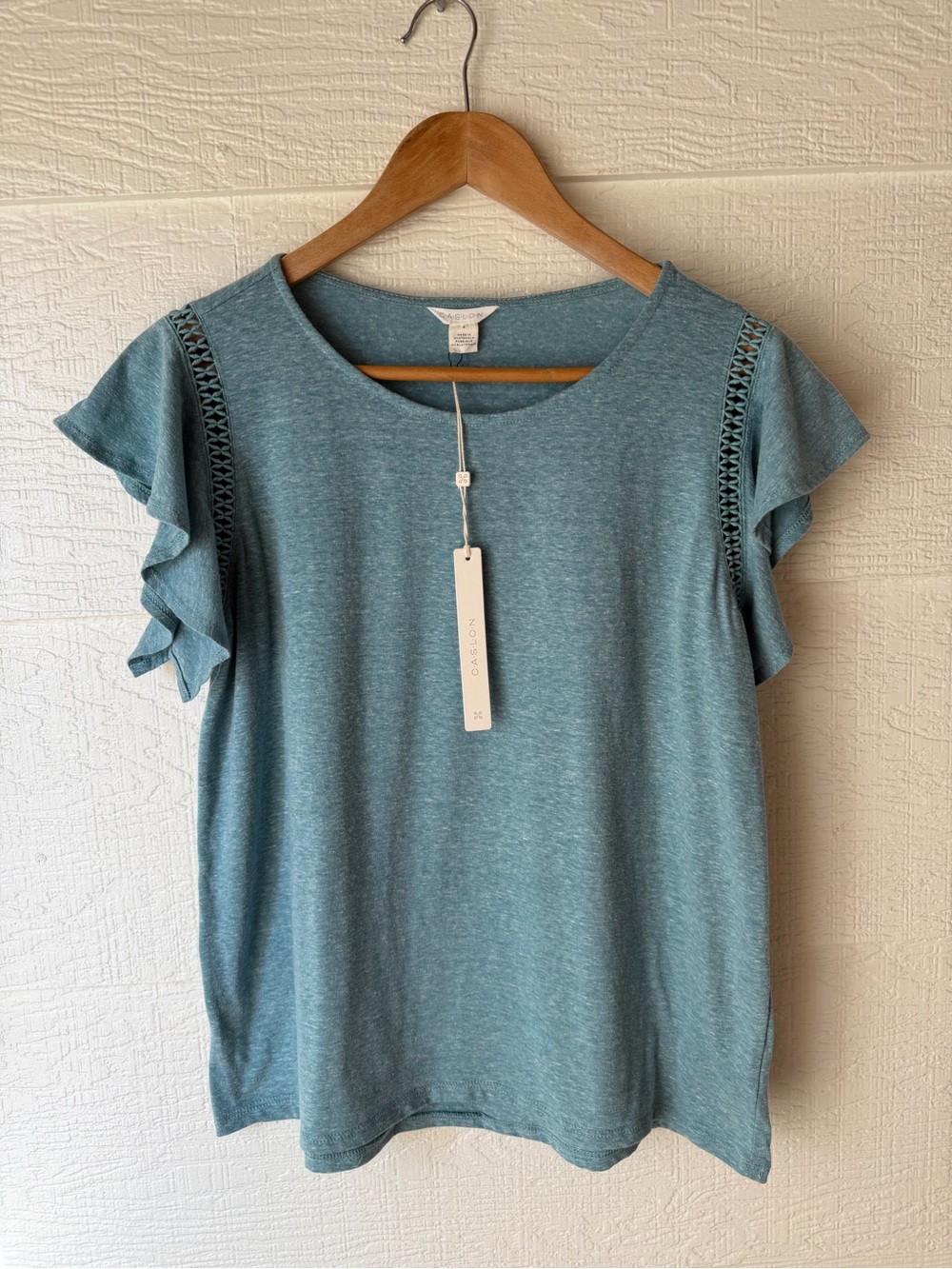 Caslon Flutter Sleeve Top Small Blue Lace Trim NWT Soft Tee